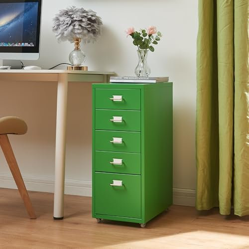 [en.casa] Rollcontainer Kökar Schubladenschrank Metall Aktenschrank mit 5 Schubladen Bürowagen mit Rollen für Arbeitszimmer 69 x 28 x 41 cm Apfelgrün