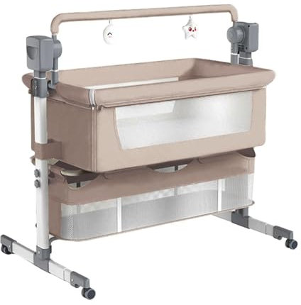 Magic ZC Beistellbett Baby mit Rollen, Convertible Faltbar Co-Sleeping Babybett, Fernbedienung und 5-schwankende Zahnräder, Stubenwagen Baby Kleinkind Wiege mit Musik (601 Beige)