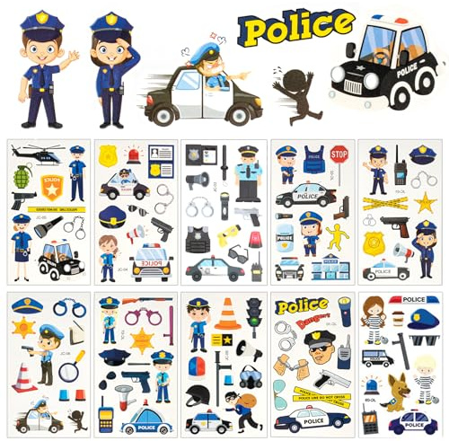 10 Blätter Polizeiauto Tattoo Kinder, Temporäre Tattoos für Kinder, Polizei Mitgebsel Kindergeburtstag, Cartoon Kindertattoos, Wasserdichte Sticker Tatoos Aufkleben für Mädchen und Jungen