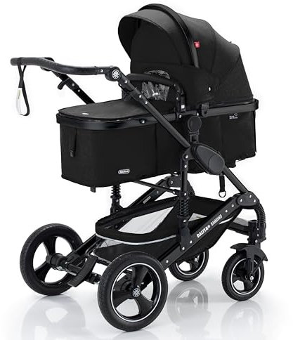 Daliya® BAMBIMO 3in1 Kinderwagen & Buggy mit Auto-Babyschale, XXL-Set, Wickeltasche, Regenschutz, Spiel- und Esstisch, Airless-Räder, Alu-Rahmen (Schwarz - Rahmen Schwarz)
