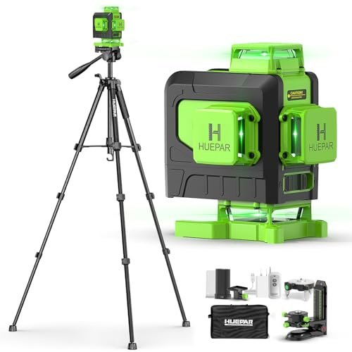 Huepar 4 x 360° Lazer Level with Tripod 1.4m(60Inch) Self Leveling，904DGTP | Lazer Level Lool 4D Green Cross Line Lazer Leveler Tool, 16 Lines Great for Tiling, Ceiling, Wall Work & DIY Home Renovation