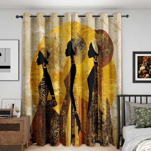 Generisch Vorhang Afrika Frau Blickdicht, Vorhänge Ethno Afrikanische, Fenster Gardinen Schlafzimmer Wohnzimmer, Verdunklungsvorhänge mit ösen, Thermovorhang, 2er Set Curtains, H 220 x B 140 cm K197