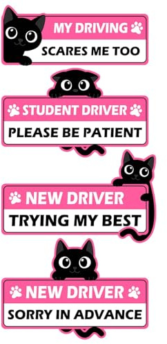 4 magneti con impronta di zampa di gatto neri e rosa, divertenti magneti per neopatentati per auto, si prega di essere pazienti, segnali di avvertimento di sicurezza per studenti alla guida
