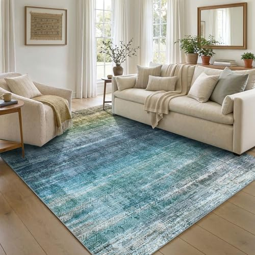 Kokia Kurzflor Teppich 140x200cm, Blau-Grün, Maschinenwaschbar, rutschfest, Haustierfreundlich, Fleckenabweisend, Teppich für Wohnzimmer Schlafzimmer Büro