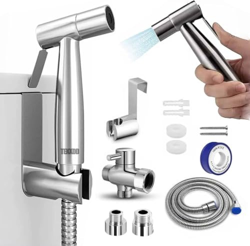 Kit Douchette WC avec Tuyau 1,5 Mètre & Vanne 3 Voies (1/2-3/8) | Douchette WC pour Salle de Bain, Hygiène Personnelle, Nettoyage des Couches, Facile à Installer, Argent
