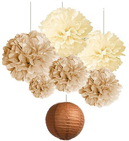 SUNBEAUTY Decoration Salle de Mariage 7 Pcs Creme, Brun, Marron Pompon Papier de soie Mariage Champetre Lanterne Suspension Boule Papier pour Anniversaire Chambre Maison Deco