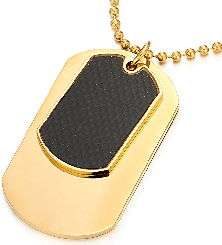 COOLSTEELANDBEYOND Edelstahlkette Zwei Stücke Goldfarben Herren Dog Tag Anhänger mit Kohlefaser und 75cm Stahl Kugelkette