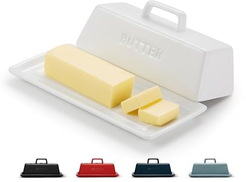 KooK Ceramic Butter Dish with No Slip Lid & Handle, Dishwasher Safe, Holds One Stick, 7.5 Inch Wide, White