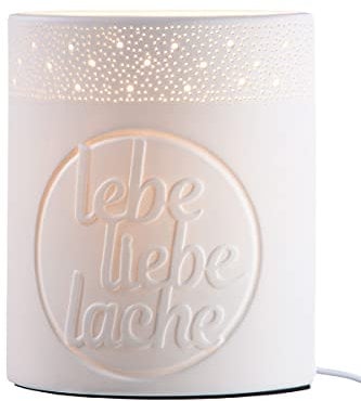 GILDE Porzellan Lampe - Tischlampe Ellipse lebe liebe lache weiß ca.20 x 17 x 9 cm (H/B/T)