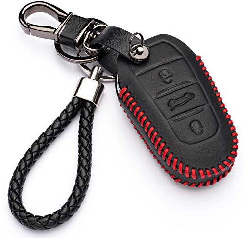 KASER Housse Étui en Cuir pour Clé Coque Peugeot 3008-308 - 5008-508 Citroen DS3 - DS4 - DS5 3 Bouton Cover Porte-Clés de Protectionpour Télécommande Voiture (Seulement Keyless GO)