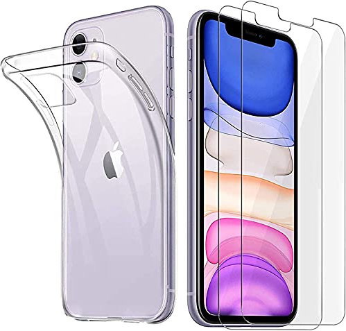 iLiebe Hülle kompatibel mit iPhone 11 Handyhülle, und Panzerglas Set, [1 Hülle + 2 Panzerglas] Schutzfolie Glas 9H Folie TPU Silikon Case Cover Tasche Schale Weiche Transparent Crystal für iPhone 11