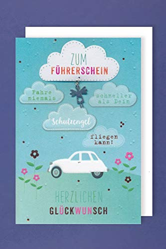 Führerschein Karte Grußkarte Applikation Prüfung Bestanden Wolken 16x11cm