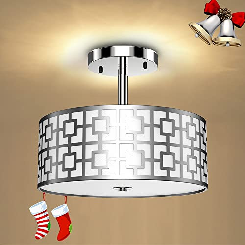 Depuley Deckenleuchte Led Wohnzimmer Modern Weiß Deckenlampe Schlafzimmer Vintage Stoffschirm silber mit 3 E27 Basis(Glühbirne Nicht inkl.) Einbau für Esszimmer Küche Kinderzimmer Halle Balkon Hotel