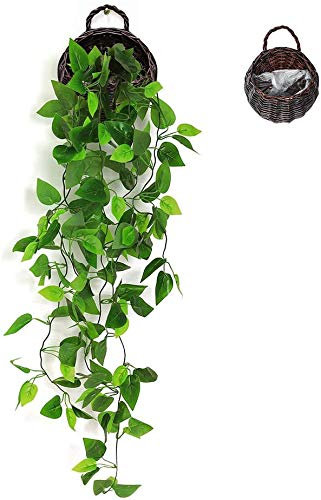 ANZOME Kunstpflanze Hängend Künstliche Pflanzen mit Holzkorb, Hängepflanze Künstlich Efeu Künstlich 107cm für Büro, Küche, Garten, Party Wanddekoration (Efeu)