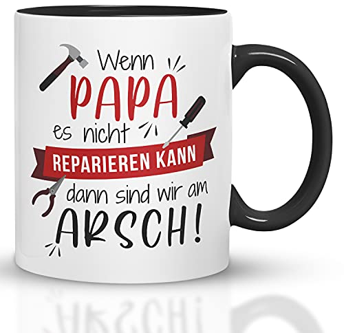 Tasse Wenn Papa es nicht Reparieren kann | Lustiger Kaffeebecher für Männer & Väter | Geschenk für Papa zum Geburtstag, Vatertag oder Weihnachten | Spruchtasse, 330 ml, Farbe: Schwarz-Rot