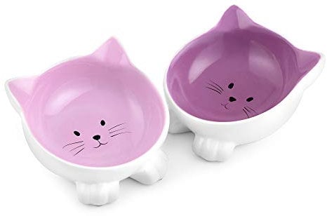 Navaris 2X Gamelle Chat en Céramique - Lot 2X Bol Design pour Chat Chaton avec Socle Antidérapant - Anti-éraflure - Compatible Lave-Vaisselle