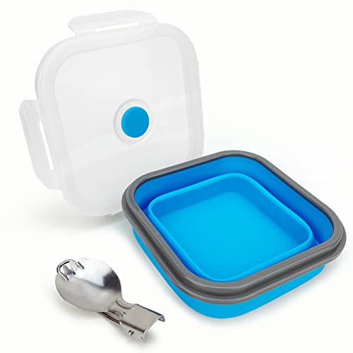 CARTINTS 900ml Collapsible Bowl With Plastic Lid for Camping, Silicone Lunch Container Set Includes Foldable Spoon, Space-Saving Travel Food Container, Microwave Freezer Safe, Blue
