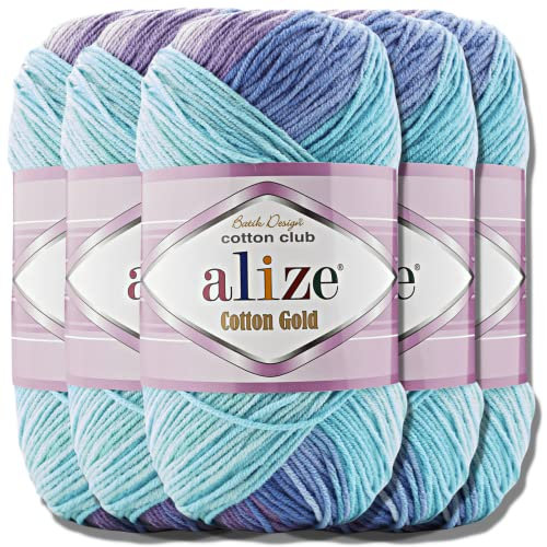 Alize 5x 100g Cotton Gold Batik Türkische Premium Wolle Baumwolle und Acryl Handstrickgarne Garn Yarn Babywolle Strickgarn mit Farbverlauf Accessoire Baby zum Häkeln Stricken (4531)