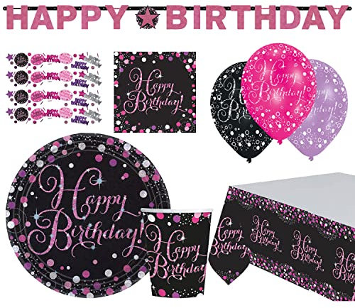 amscan 9050 0415-66 - Set per Feste Happy Birthday, 41 Pezzi, Piatti, Bicchieri, tovaglioli, Palloncini, coriandoli, tovaglia, Catene per Feste, stoviglie USA e Getta e Decorazioni, Compleanni, Feste