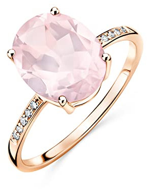 OROVI Damen Goldschmuck, Ring aus Roségold mit 10 Diamanten 0.04 ct und Solitaire Edelstein Rosenquarz 2.52 ct Geburtsstein 9K (375) Gold, Verlobungsring