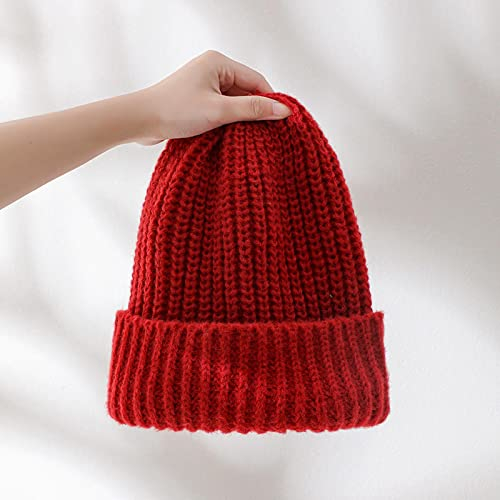 Bysonglezai Strickmützen Hüte Mützen Caps Beanie Damen Herbst Und Winter All-Match Strickmütze Warme Ohrenschützer Große Lose Plüschmütze Casual Mütze 56-60Cm Rot