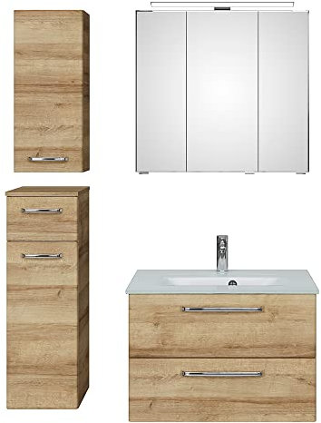Lomadox Badezimmer Badmöbel Set mit Waschtisch Glas Waschbecken Aufbauleuchte Spiegelschrank Unterschrank Hängeschrank in Riviera Eiche Nb., B/H/T: ca. 122/200/50 cm
