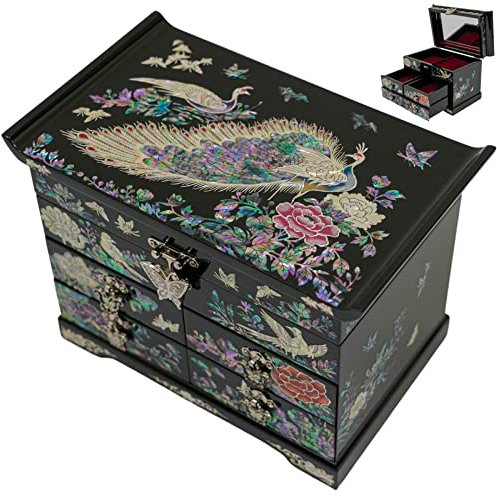 February Mountain Perlmutt-Box mit 4 Schubladen, koreanische Schmuckschatulle für Frauen, Pfauen-Dekoration, Geburtstagsgeschenke für Frauen
