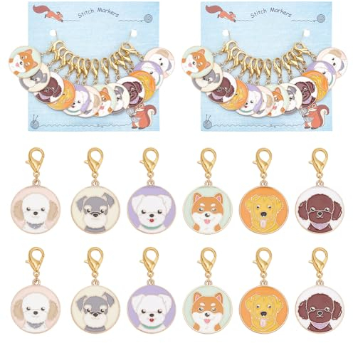 nbeads 24 STK. Hund Maschenmarkierer, Flache Runde Emaille Legierung Häkeln Stich Marker Charms Hummer Klaue Clasps Verriegelung Stich Marker für Stricken Weben Nähen Zubehör Handgemachten Schmuck