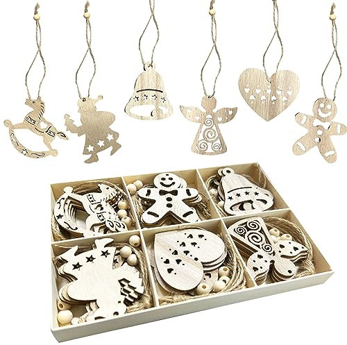 FRUHLING 30 Pièces Pendentifs en Bois de Noël Decoration Sapin Noël Bois Arbre de Noël Ornements avec Boîte en Bois pour Etiquette de Cadeau et Décoration Bricolage 6 Styles