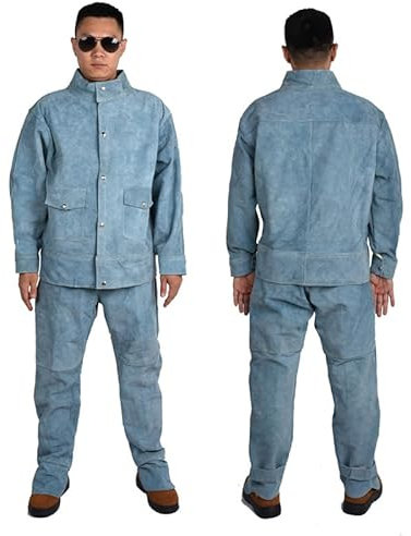 MavEry Schweißer Arbeitsuniform, Rindsleder Schweißanzug Langarm Schweißer Schutzkleidung Flammhemmend Anti-Verbrühungs-Anti-Lichtbogen-Leder