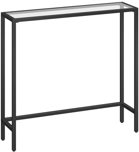 HOOBRO Slim Hallway Console Table, Tempered Glass Sofa Table, 75 x 22 x 80 cm, Modern Display Table for Living Room, Metal Frame, Sturdy, Black EBK07XG01