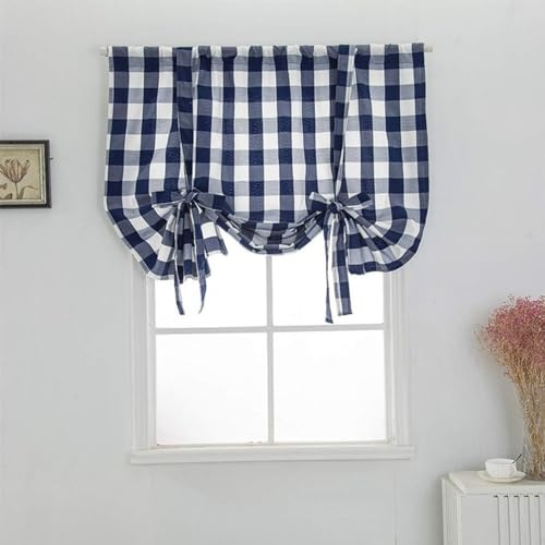 Easnea Buffalo Plaid Tie Up Curtains Farmhouse Curtain Valance Kitchen Window Curtain Shade Gingham Roman Shades Rod Pocket Balloon Kitchen Curtain Panels for Bathroom (Navy Blue, S)