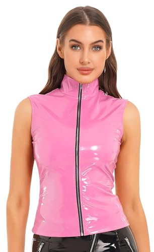 Freebily Damen Wetlook Shirt Tanktop Sexy Lederoptik Weste Corsagen Top mit Frontreißverschluss Glanz Lack-Lederlook Oberteil Rave Gogo Clubwear Rosa XXL