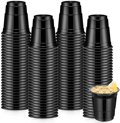 Roshtia 100 Pcs Halloween 2 oz Plastic Shot Glasses Mini Disposable Shot Cups Small Plastic Neon Cups for Birthday Party Summer Beer Taste Serving Snacks Samples Tastings(Black)