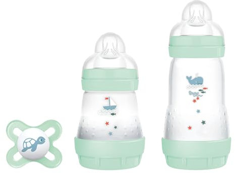 MAM Biberon Set Neonato con 2 biberon anticolica Easy Start 130 ml e 260 ml e Ciuccio Original Start, Riduce bolle d'aria e il rischio di coliche, Accessori neonati con tettarella in silicone, Verde