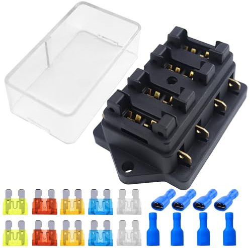 4 Voies Boîte à Fusibles 12v 24V 32V Porte Fusible Porte-Fusible à Lame Standard avec Couverture Étanche et 10 Pièces Fusibles à Lame pour Automobile,Camion,Bateau,Camping-car