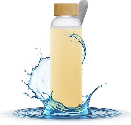 Aquafloow Wasserflasche aus Borosilikat Glas 700 ml mit Neoprenhülle, Transparente trinkflasche Glas mit Bambusdeckel | Ideal für Büro, Outdoor, Schule, für Kohlensäurehaltige Getränke – Gelb