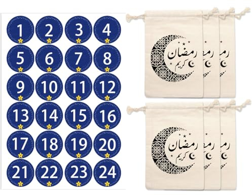 Nchdewui Ramadan Kalender, 30 Ramadan Kalender Zum Befüllen Stoff, DIY Ramadan Kalender zum Befüllen, mit Kalender Sticker/Clips/Juteseil, Wiederverwendbar für Ramadan Dekoration (A)