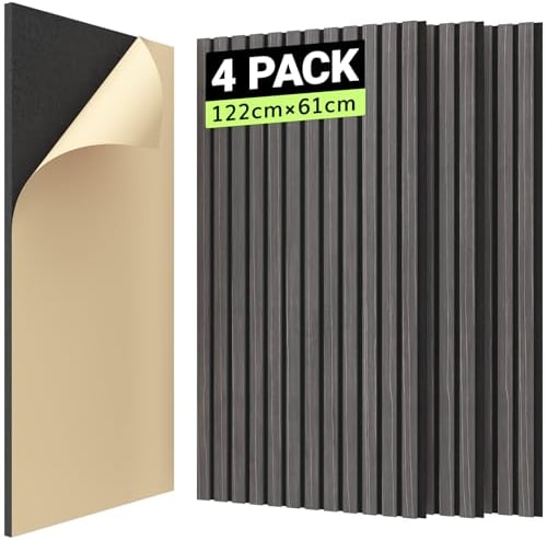 TONOR 4 PCS Wood Slat Panels, 48 x 24 x 0.83 Adhesive Acoustic Panels for Wall, Decorative 3D Fluted Panels for Sound Absorbing, Soundproof Panels with Wood Finish for Living Room, Ebony Wood Black