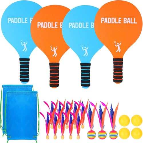 Beeplove 2 Sets Beach Games Toy Paddle Ball Set - Funny Paddleball Rackets Game, Outdoor Sports Toys for Kids Adults Family Games Yard Lawn Party Supplies, Blue Orange, Medium