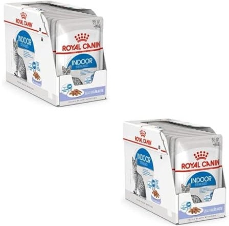 Royal Canin Indoor Sterilised in Gelee | Doppelpack | 2 x 12 x 85 g | Alleinfuttermittel für ausgewachsene Katzen die im Haus Leben | Für sterilisierte Katzen | Häppchen in Gelee