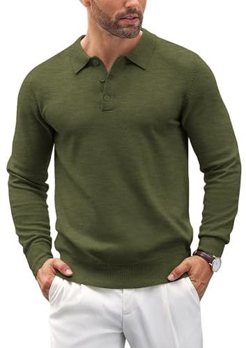 COOFANDY Long Sleeve Polo Shirts Mens Polo Neck Jumper Knitted Sweatshirt Casual Sweater Army Green M