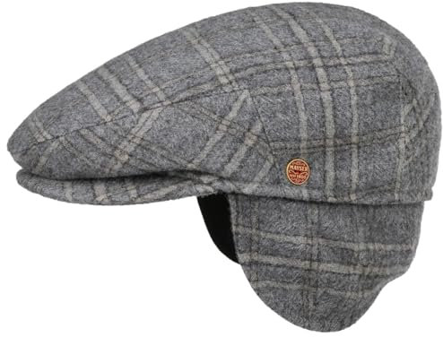 Mayser Merlino Casual Flatcap mit Ohrenklappen Schirmmütze Schiebermütze Herren - Made in the EU Futter, Lederband, Schirm Winter Herbst-Winter - 61 cm grau-blau