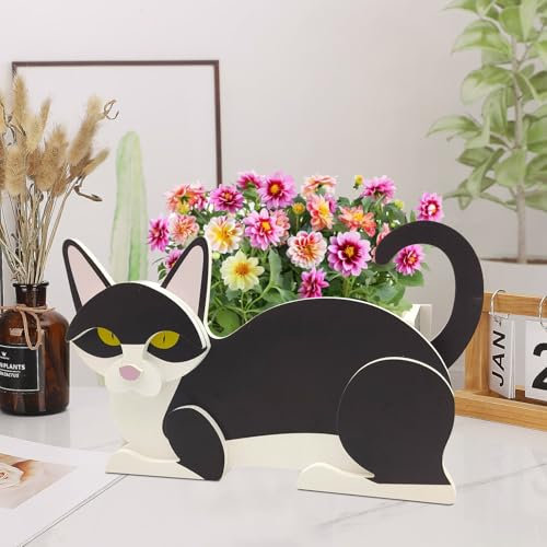 KIUGCO Pot de fleurs en forme de chat noir et blanc, pot de fleurs en forme de chat mignon, décoration d'intérieur, décoration intérieure, cadeaux d'anniversaire pour femme, pot de fleurs pour animaux