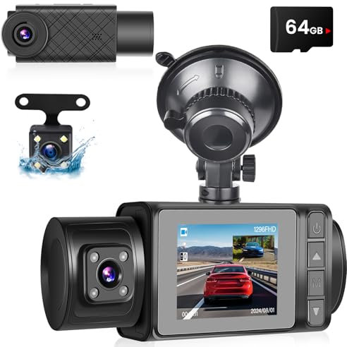 NHOPEEW Dashcam Auto Vorne Hinten 1296P + Weitwinkel Rückfahrkamera - Dashcam mit 2 Zoll Bildschirm G-Sensor/Schleifenaufzeichnung/Nachtsicht + 64G SD Karte