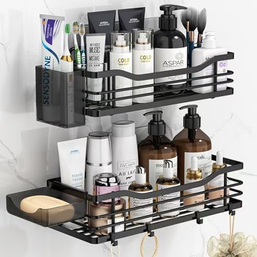 TRAYINDALY Shower Caddy 4 Pack, Bathroom Shelf No Drilling, Adhesive Shower Storage Rack with Soap Razor Holder, Black Bathroom Shower Organiser Accessories, Wall Mounted Shampoo Holder