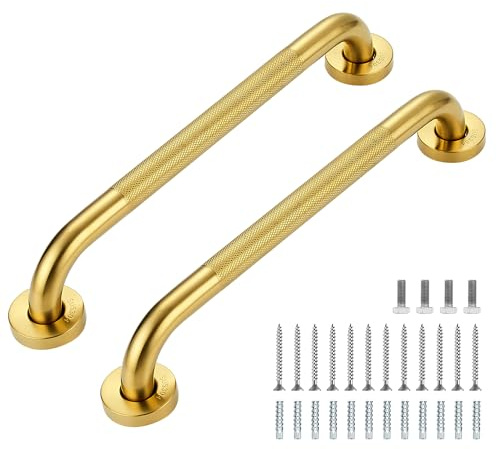 Grab Bars for Shower, 16 Inch Shower Handle, 2 Pack, Gold | Grab Bars for Bathroom, Stainless Steel, Anti-Slip Textured Grip, 1-Inch Diameter, Wall-Mounted Safety Support for Seniors