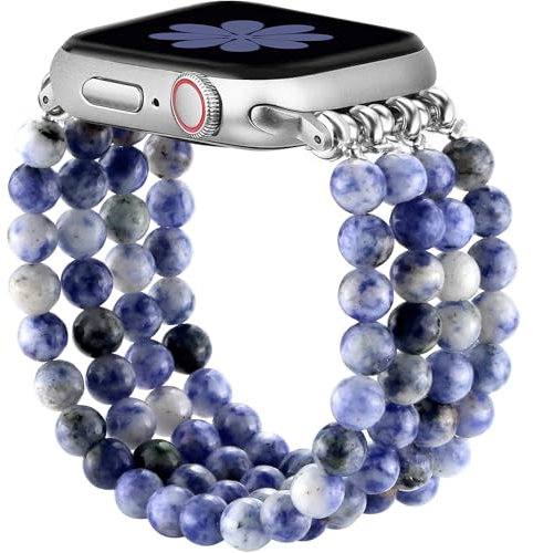 JR.DM Naturstein Armband Kompatibel mit Apple Watch Armband 38mm 40mm 41mm 42mm 44mm 45mm 46mm Elegant Komfortabler Handgefertigter Elastischer iWatch Uhrband für Series 10/9/8/7/SE/6/5/4/3/2/1 Damen