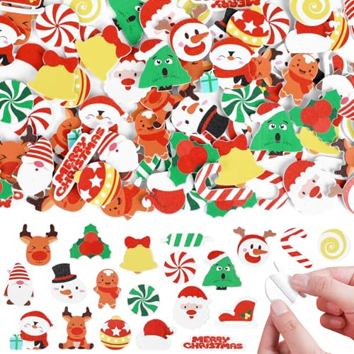 VEYLIN 100 calcomanías de espuma de Navidad, autoadhesivas, Papá Noel, alce, muñeco de nieve, árbol de Navidad, árbol de Navidad, calcomanías de espuma mixtas para fiestas infantiles, manualidades