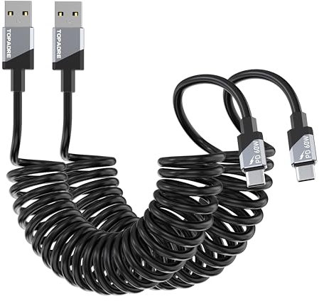 TOPADRE Cable USB C Espiral, [2 piezas 0,5m-1,8m] Cable USB A a USB C, 60W PD3.0 Carga Rápida para Android Auto, iPhone 16/15 Pro Max, Galaxy S25 S24 S23